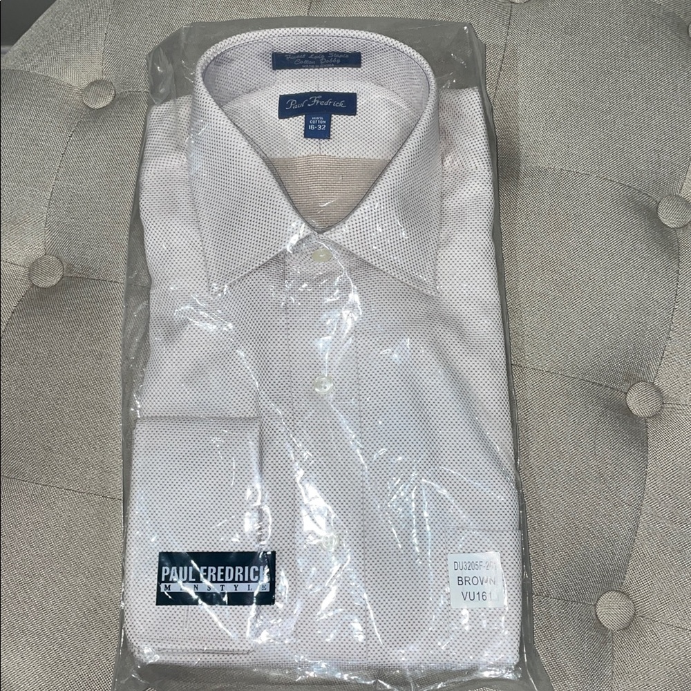 New Paul Fredrick Men’s DressShirt Tan Dot Cufflong sleeve Sz16-32 KLC Monogram